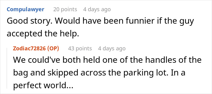 Reddit discussion about a grocery store employee strictly following policy, leaving an amusing comment exchange. Reddit discussion about a grocery store employee strictly following policy, leaving an amusing comment exchange.