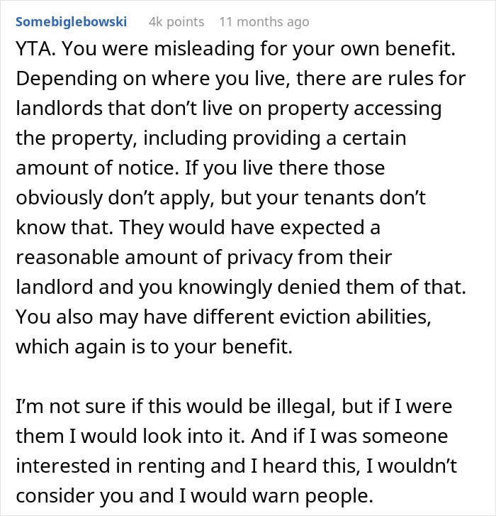 Text from a Reddit comment discussing landlord and tenant privacy issues. Text from a Reddit comment discussing landlord and tenant privacy issues.
