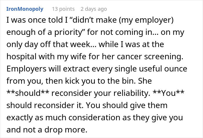 Employee criticized for prioritizing personal time over work commitment; boss accuses of not being a team player. Employee criticized for prioritizing personal time over work commitment; boss accuses of not being a team player.