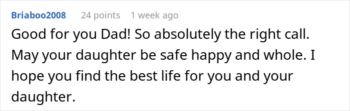 Screenshot of a supportive online comment praising a dad defending his bi daughter amid family conflict about her lifestyle.