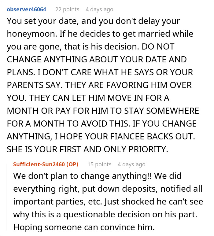 Reddit users discuss a sibling clash over wedding and honeymoon plans, highlighting stress and family dynamics. Reddit users discuss a sibling clash over wedding and honeymoon plans, highlighting stress and family dynamics.