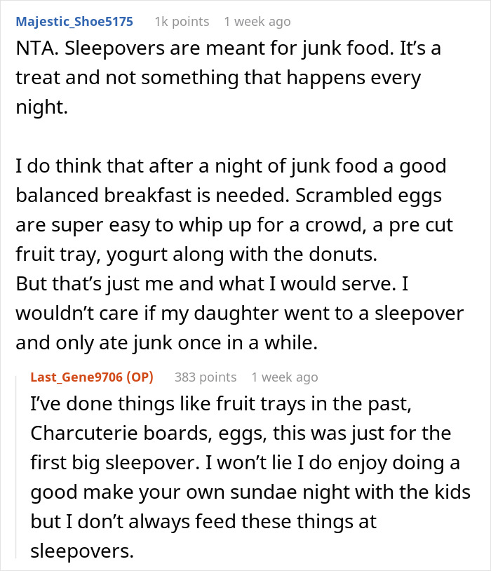 Parent discusses serving pizza and snacks at softball team sleepover in online comments, referencing junk food and breakfast. Parent discusses serving pizza and snacks at softball team sleepover in online comments, referencing junk food and breakfast.