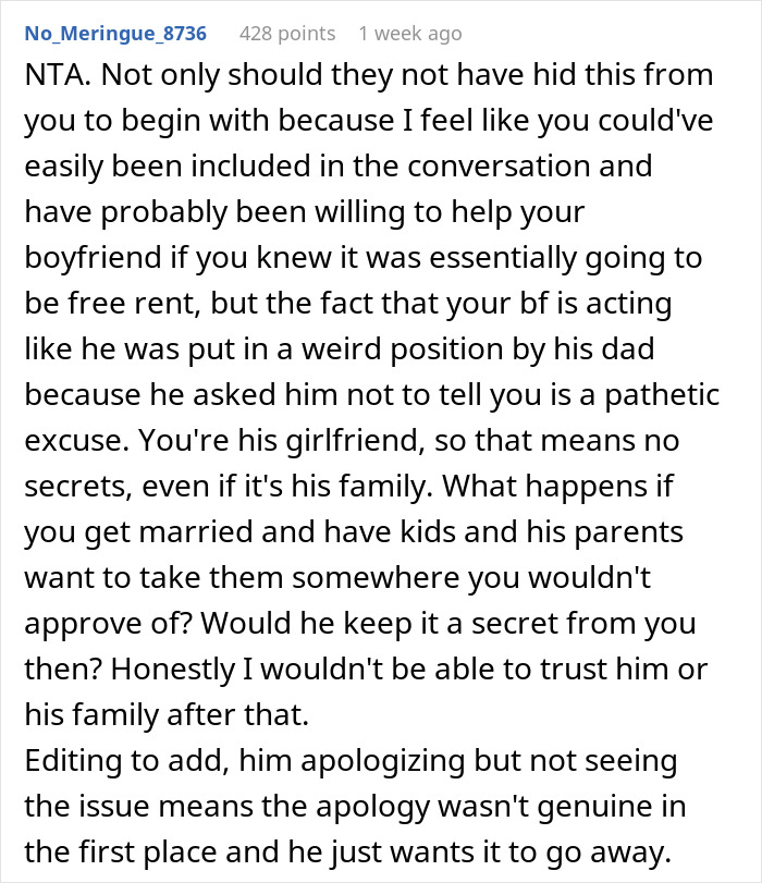 Reddit comment discussing issues of trust and secrets in a relationship related to rent money. Reddit comment discussing issues of trust and secrets in a relationship related to rent money.