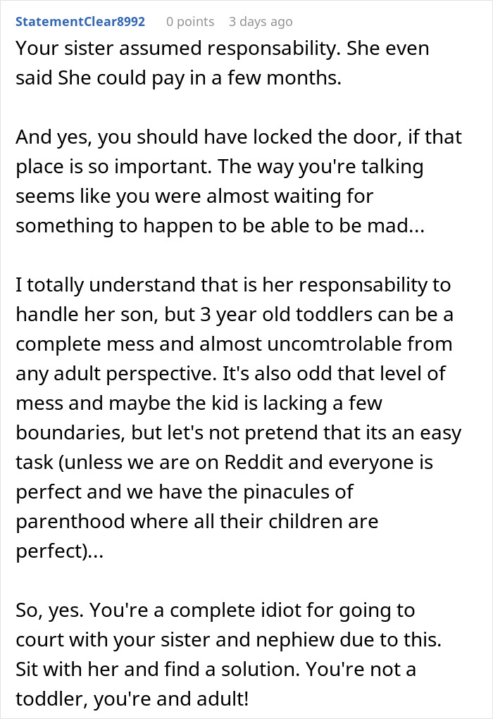 Text discussing family drama and damages after hosting sister and nephew, encouraging resolution. Text discussing family drama and damages after hosting sister and nephew, encouraging resolution.