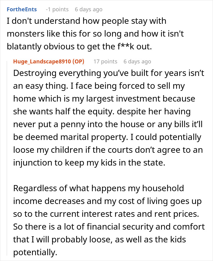 Text from an online forum discussing the impact of financial and marital disputes. Text from an online forum discussing the impact of financial and marital disputes.