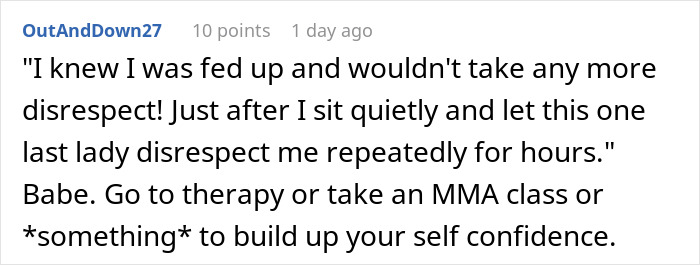 Text exchange about a woman seeking revenge on a rude plane passenger, suggesting therapy or an MMA class for confidence. Text exchange about a woman seeking revenge on a rude plane passenger, suggesting therapy or an MMA class for confidence.