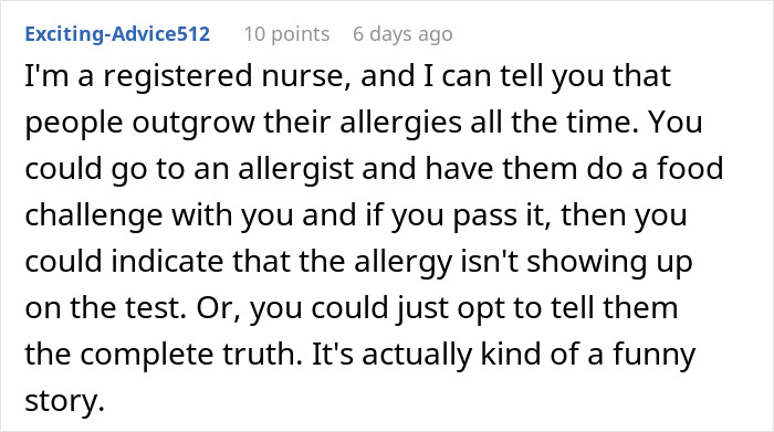 Text from user Exciting-Advice512 discussing fake allergy advice. Text from user Exciting-Advice512 discussing fake allergy advice.