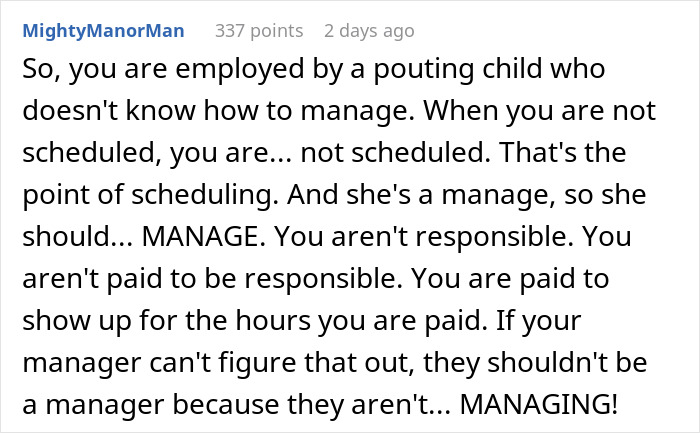 Text in online forum criticizing a manager for poor scheduling and communication skills. Text in online forum criticizing a manager for poor scheduling and communication skills.
