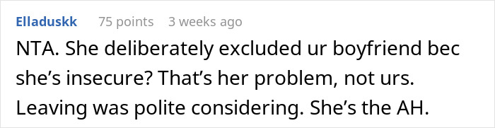 Comment discussing leaving friend's wedding early due to no plus one. Comment discussing leaving friend's wedding early due to no plus one.