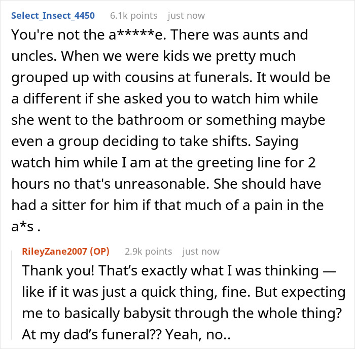 Text exchange about a grieving teen confronting a stepmom's babysitting request during a dad's funeral. Text exchange about a grieving teen confronting a stepmom's babysitting request during a dad's funeral.