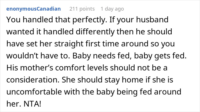 Comment discussing breastfeeding and family dynamics, supporting a woman's choice to feed her baby. Comment discussing breastfeeding and family dynamics, supporting a woman's choice to feed her baby.