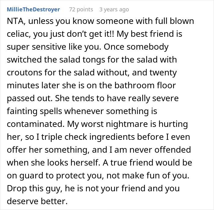Text about a friend misunderstanding gluten-free needs in a meal, causing a negative reaction. Text about a friend misunderstanding gluten-free needs in a meal, causing a negative reaction.