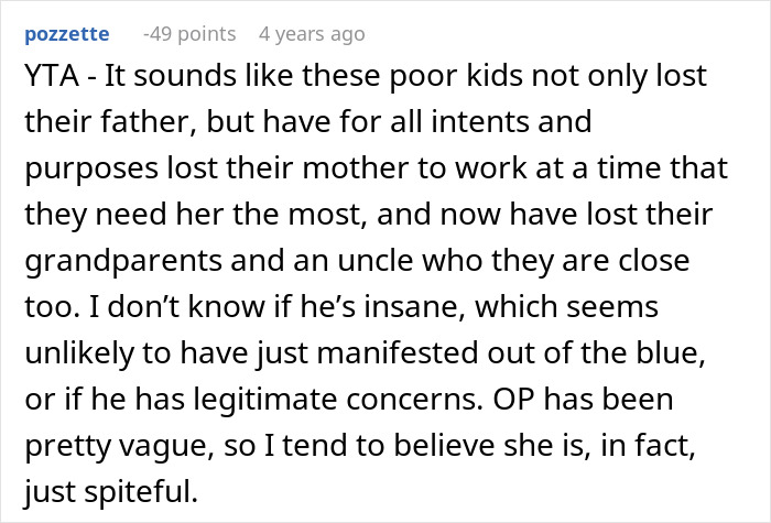 Comment discussing a woman accused of being spiteful, mentioning CPS involvement by her brother-in-law. Comment discussing a woman accused of being spiteful, mentioning CPS involvement by her brother-in-law.