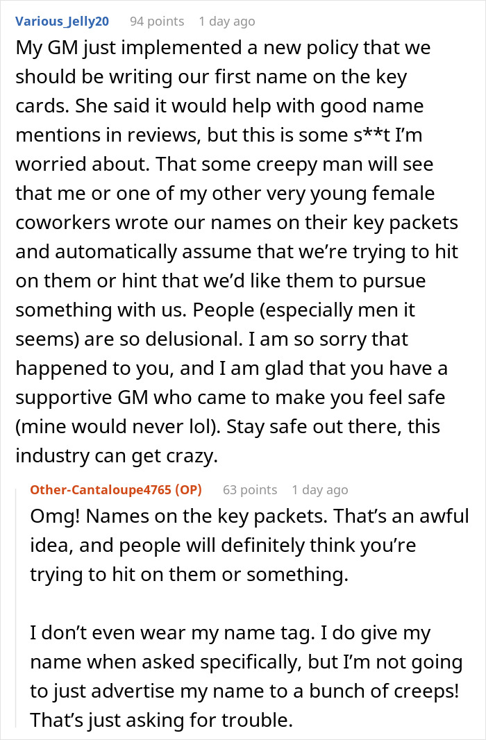 Text conversation about client delusions and name tag concerns in a workplace setting. Text conversation about client delusions and name tag concerns in a workplace setting.
