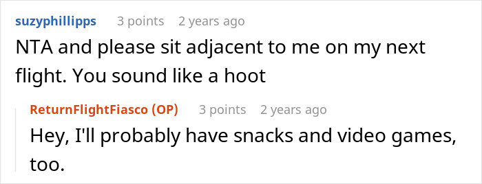 Reddit conversation about booking two plane seats, mentioning snacks and video games. Reddit conversation about booking two plane seats, mentioning snacks and video games.