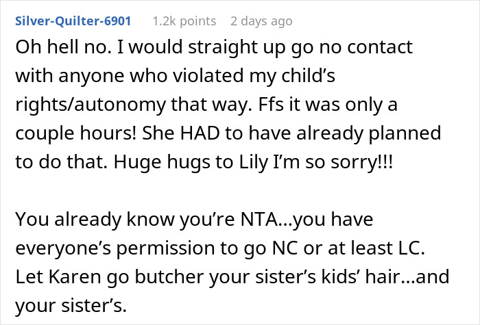 Comment expressing outrage over MIL cutting child's hair without permission. Comment expressing outrage over MIL cutting child's hair without permission.