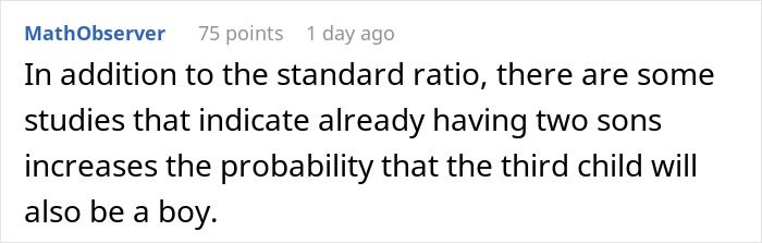 Comment explaining statistics predicting pregnant friend will have a boy, causing wife's upset reaction over lack of hopefulness.