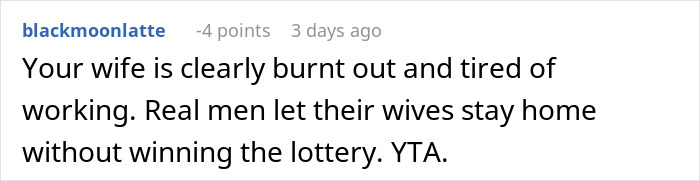 Comment criticizing a husband about lottery winning and relationship dynamic. Comment criticizing a husband about lottery winning and relationship dynamic.