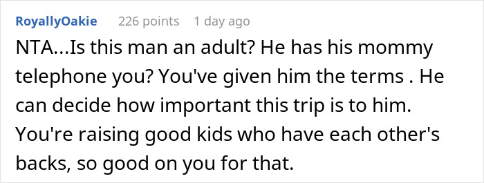 Reddit comment discussing a man acting childish on vacation, troubling his niece and nephew. Reddit comment discussing a man acting childish on vacation, troubling his niece and nephew.