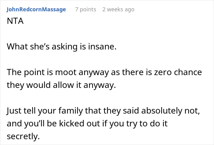 Reddit comment discussing refusal to share a college dorm room with a sibling and baby. Reddit comment discussing refusal to share a college dorm room with a sibling and baby.