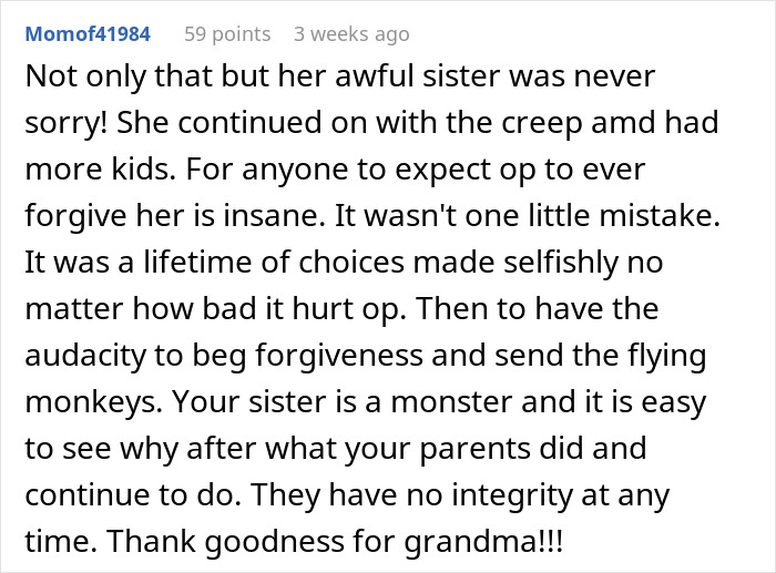 Comment criticizing a sister's behavior in a broken relationship. Comment criticizing a sister's behavior in a broken relationship.