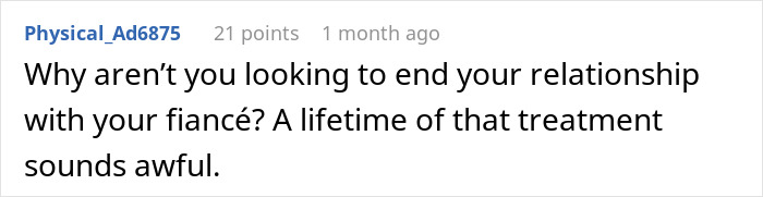 Comment questioning relationship with fiancée after FIL's reaction to vegetarian meatballs. Comment questioning relationship with fiancée after FIL's reaction to vegetarian meatballs.
