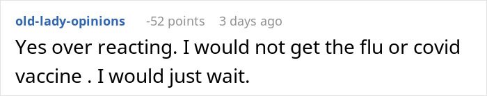 Comment on vaccines and visiting a new baby, expressing opposition to flu and COVID shots. Comment on vaccines and visiting a new baby, expressing opposition to flu and COVID shots.