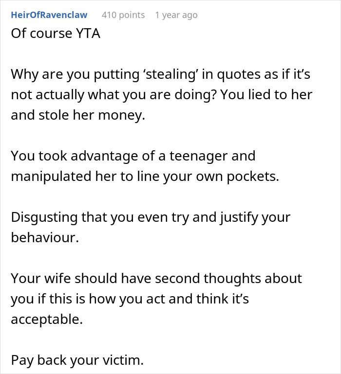 Text criticizing manipulation of stepdaughter with overcharged rent for household chores in an online comment section. Text criticizing manipulation of stepdaughter with overcharged rent for household chores in an online comment section.