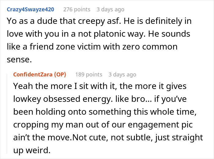 Text exchange discussing woman untagging from IG post after friend crops fiancé from engagement pic. Text exchange discussing woman untagging from IG post after friend crops fiancé from engagement pic.