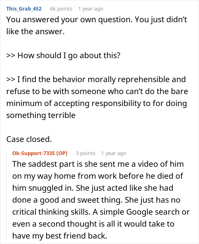 Text exchange about moral responsibility for dog's death due to weighted blanket incident. Text exchange about moral responsibility for dog's death due to weighted blanket incident.