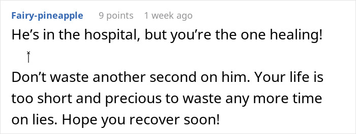 Screenshot of a comment about a hospital visit, suggesting the girlfriend deserves better. Screenshot of a comment about a hospital visit, suggesting the girlfriend deserves better.
