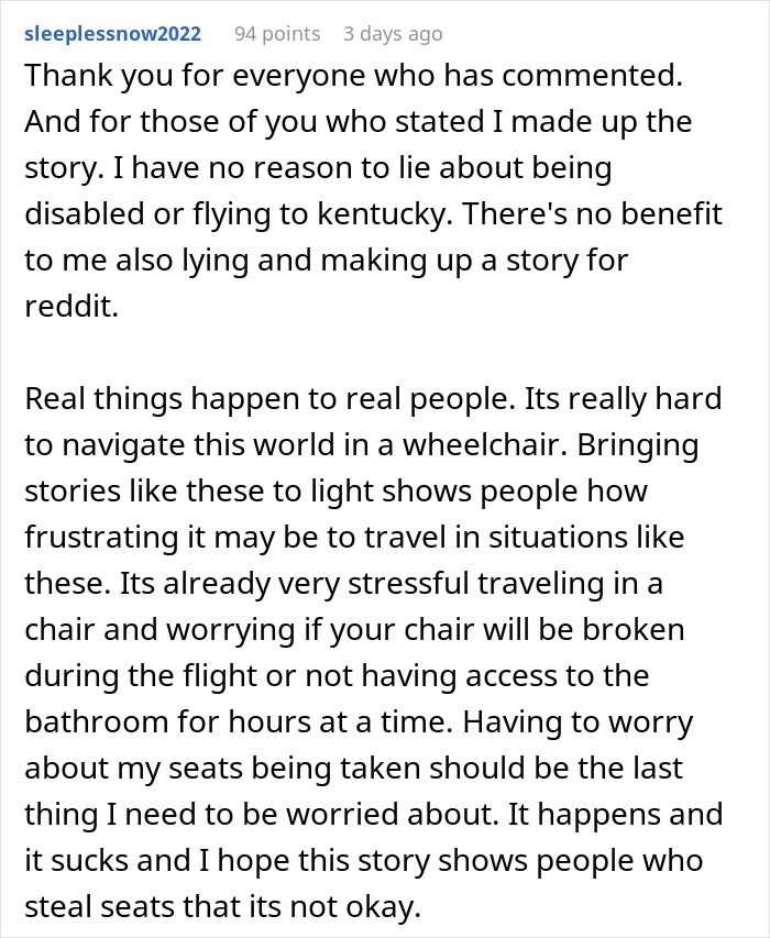 Reddit user discusses challenges of traveling in a wheelchair, addressing seat theft issues by entitled couples. Reddit user discusses challenges of traveling in a wheelchair, addressing seat theft issues by entitled couples.