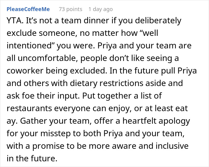 Reddit comment criticizing a manager for excluding a coworker from a BBQ due to her diet. Reddit comment criticizing a manager for excluding a coworker from a BBQ due to her diet.