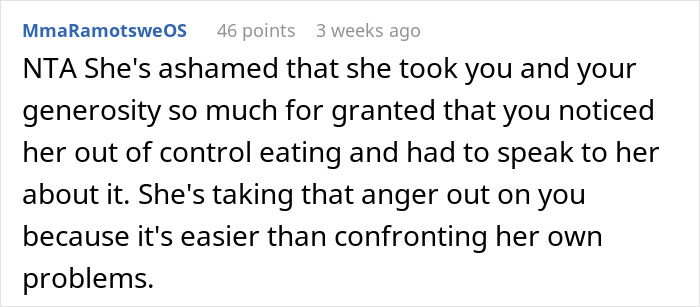 User comment supporting woman confronting friend over grocery issue. User comment supporting woman confronting friend over grocery issue.
