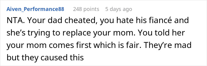 Comment about a woman acting as stepmom, discussing family dynamics and conflict over replacing a mother. Comment about a woman acting as stepmom, discussing family dynamics and conflict over replacing a mother.