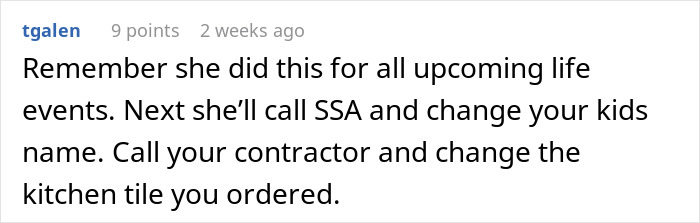 Comment about MIL's interference, suggesting password protection for life events. Comment about MIL's interference, suggesting password protection for life events.