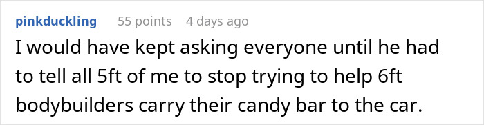 Comment about grocery store employee assisting tall customers humorously. Comment about grocery store employee assisting tall customers humorously.