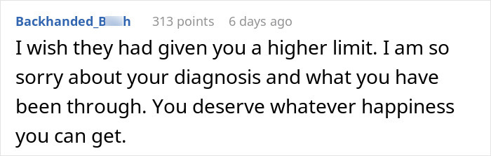 Online comment expressing sympathy and support related to a good credit score and diagnosis. Online comment expressing sympathy and support related to a good credit score and diagnosis.