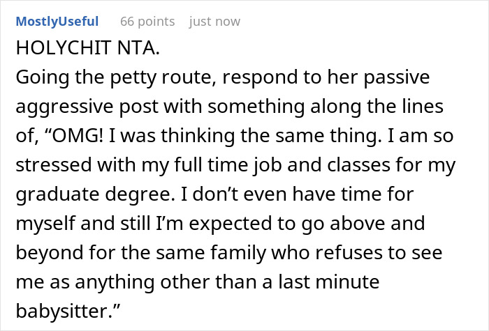 Screenshot of a Reddit comment discussing stress of balancing work, graduate classes, and babysit sister’s kids during dinner time. Screenshot of a Reddit comment discussing stress of balancing work, graduate classes, and babysit sister’s kids during dinner time.