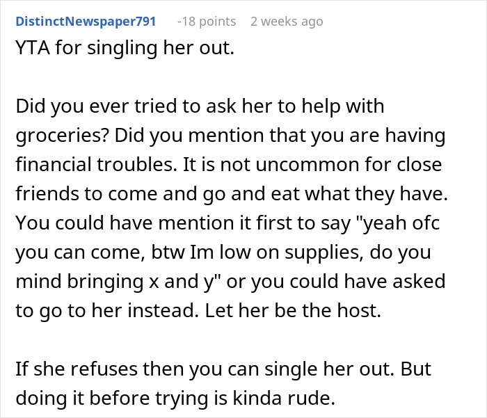 Comment advising against confronting friend over grocery expenses. Comment advising against confronting friend over grocery expenses.