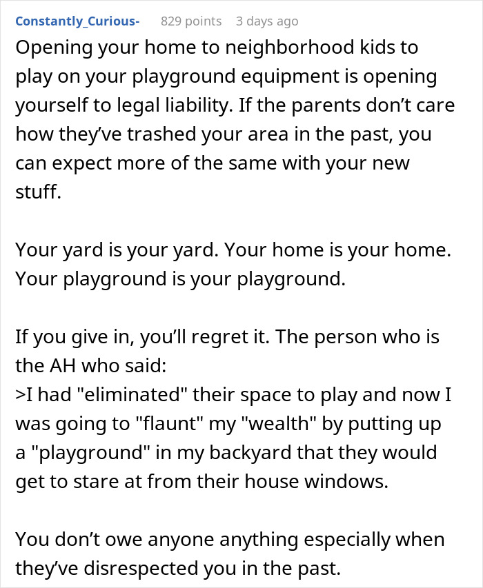 Woman buys swing set for her kid; friend accuses her of flexing wealth and causing neighborhood conflict. Woman buys swing set for her kid; friend accuses her of flexing wealth and causing neighborhood conflict.