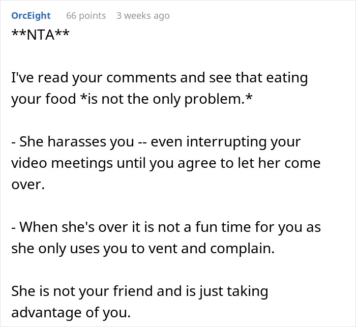 Reddit comment addressing backlash towards a woman whose friend consumes $60 of her groceries regularly. Reddit comment addressing backlash towards a woman whose friend consumes $60 of her groceries regularly.