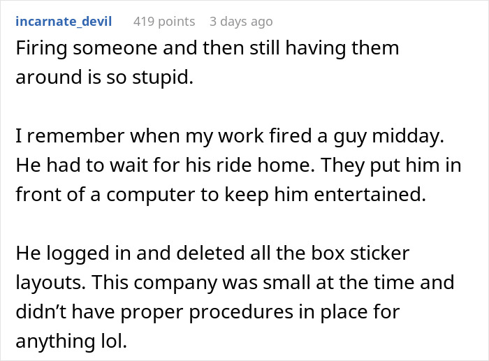 Text exchange about an event manager harassing teammates, detailing an office incident after a midday firing. Text exchange about an event manager harassing teammates, detailing an office incident after a midday firing.