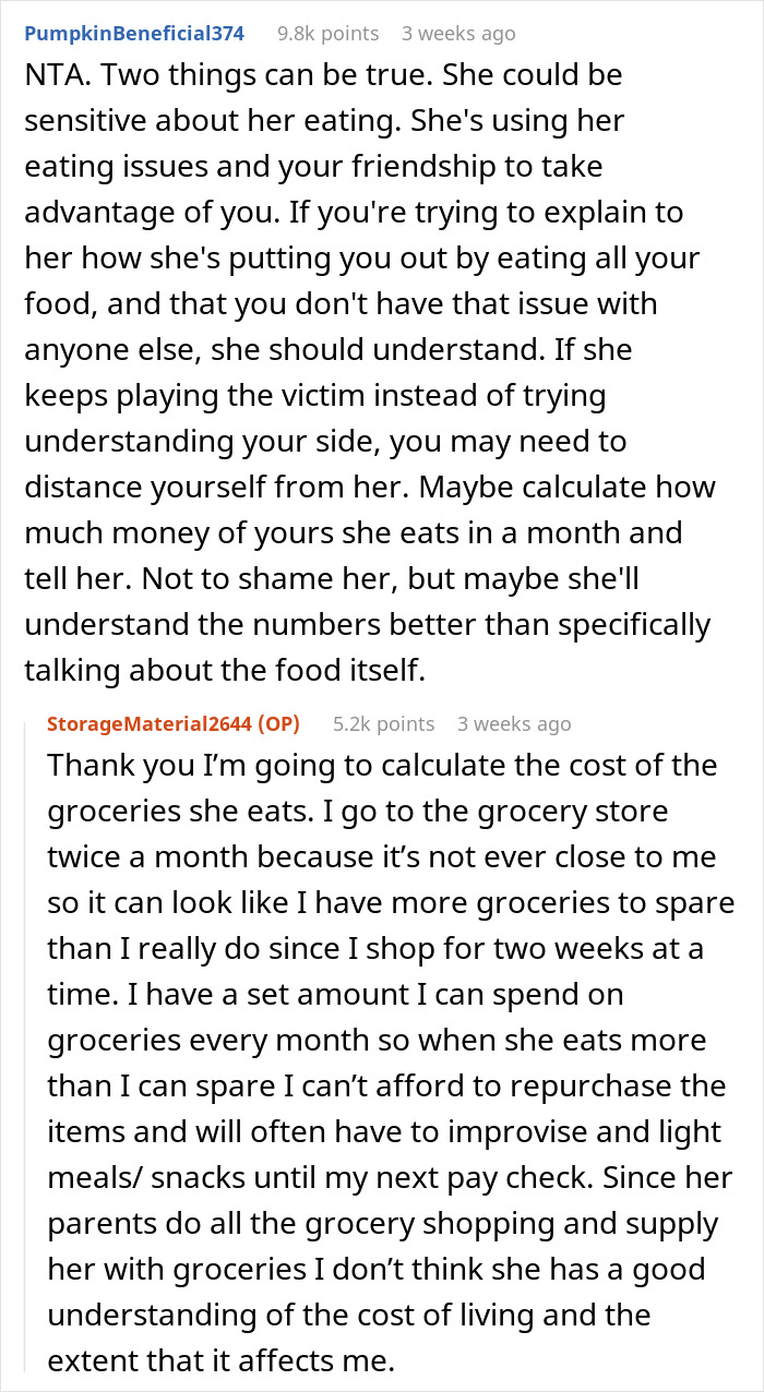 Discussion about woman confronting friend over eating $60 of groceries. Discussion about woman confronting friend over eating $60 of groceries.