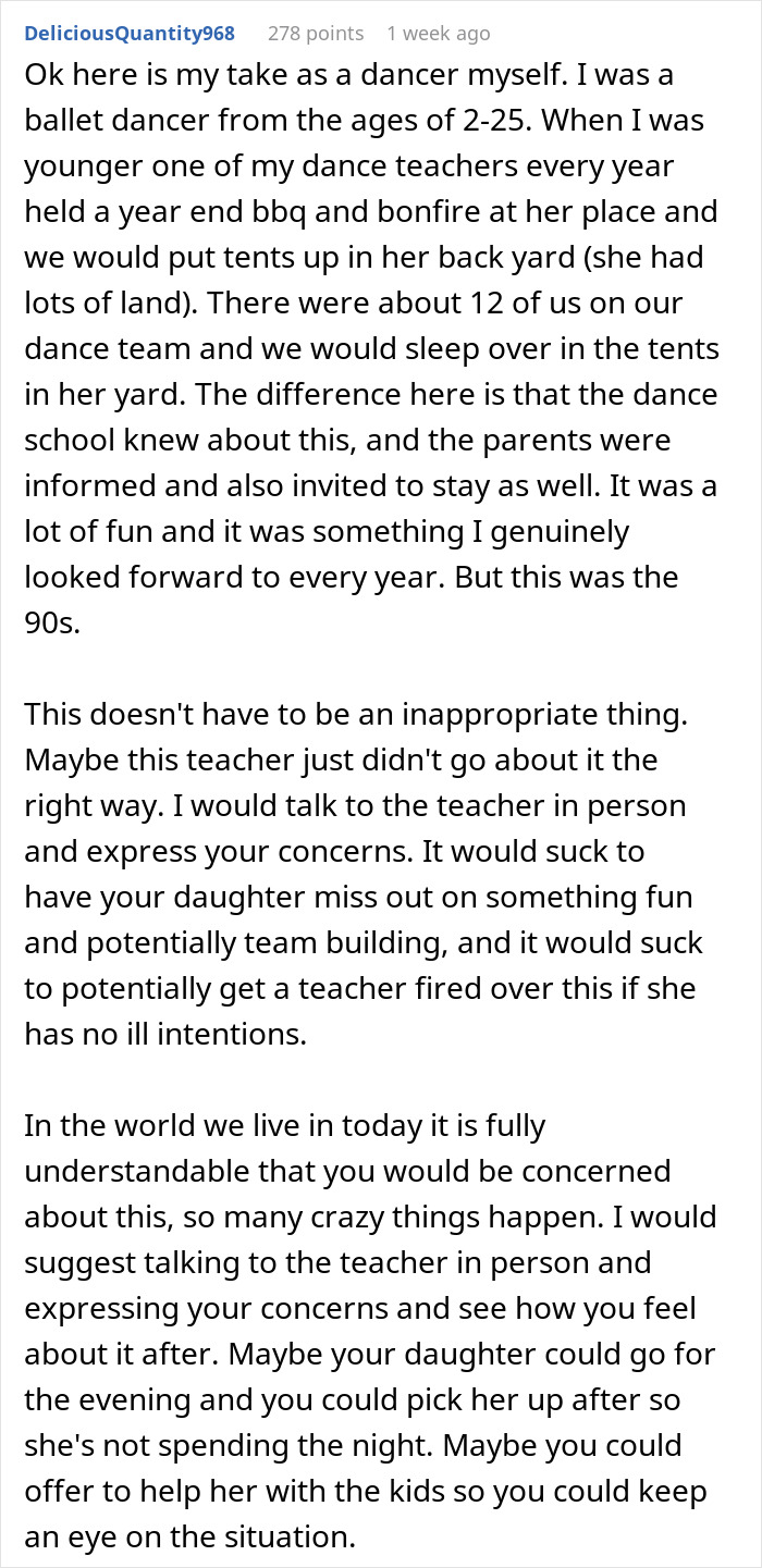 Text post about a mom's concerns over a dance teacher's sleepover invitation for kids. Text post about a mom's concerns over a dance teacher's sleepover invitation for kids.