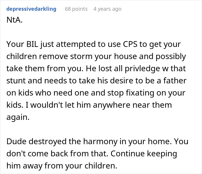 Text discusses brother-in-law using CPS against a woman, impacting family harmony. Text discusses brother-in-law using CPS against a woman, impacting family harmony.