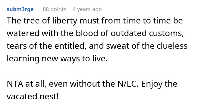 Reddit comment about outdated customs and enjoying empty nest, related to MIL and DIL conflict. Reddit comment about outdated customs and enjoying empty nest, related to MIL and DIL conflict.