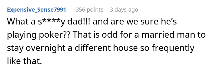 Reddit comment questioning husband's frequent overnight absences when his kids are home. Reddit comment questioning husband's frequent overnight absences when his kids are home.