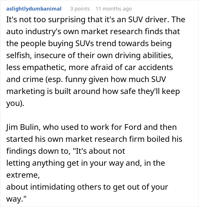 Text discussing arrogant SUV drivers and their market research insights. Text discussing arrogant SUV drivers and their market research insights.