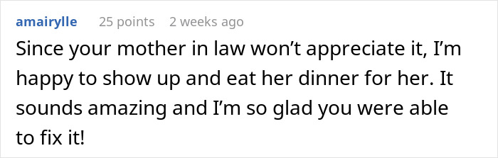 Reddit comment discussing a humorous response to a mother-in-law's wedding menu interference, highlighting a lesson learned. Reddit comment discussing a humorous response to a mother-in-law's wedding menu interference, highlighting a lesson learned.